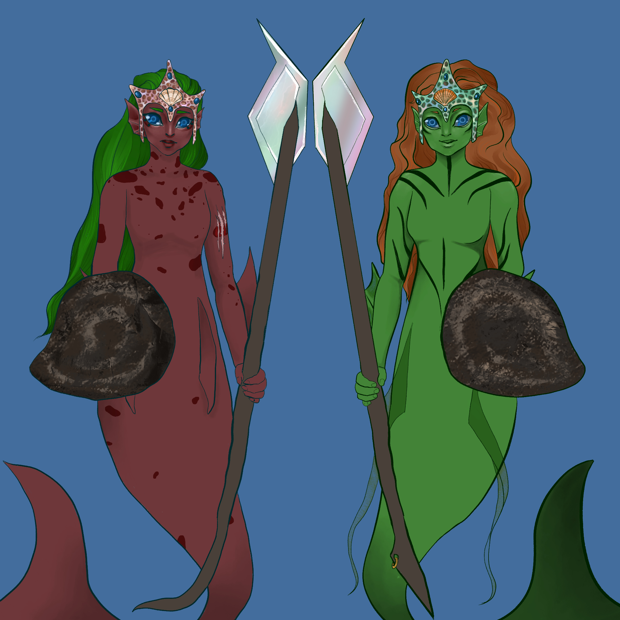 Two mermaids with ceremonial spears & shields