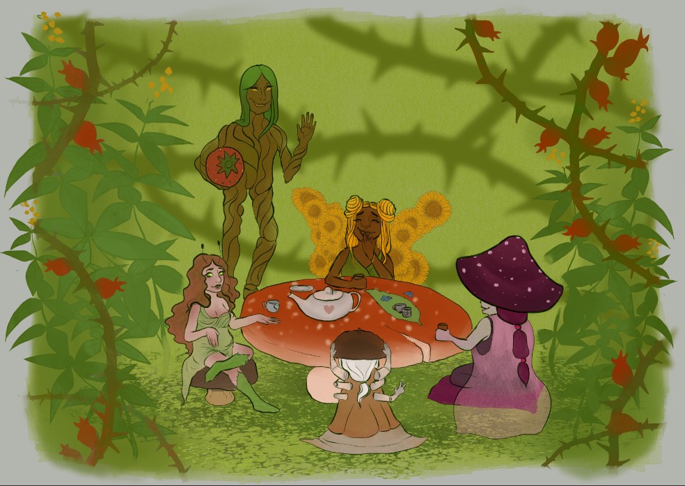 Five fairy friends having a tea party